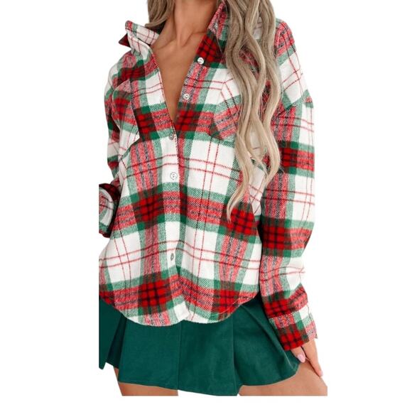 She + Sky Womens Red And Green Festivity Oversized Plaid Shacket Size Small - Picture 6 of 6